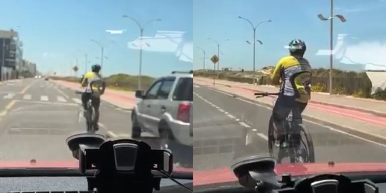 ‘Quem tem razão?’: motorista usa celular enquanto dirige para flagrar ciclista fora da ciclofaixa em SC