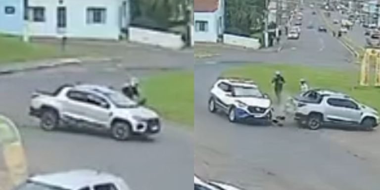 ‘Sai da frente!’: agentes de trânsito não percebem acidente e causam nova colisão em Lages