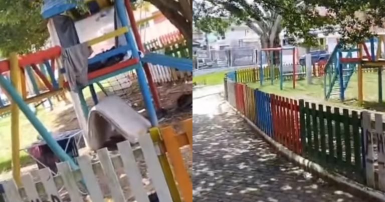 ‘Meu parque minha vida’: casinha de criança vira abrigo improvisado e revolta moradores em Florianópolis