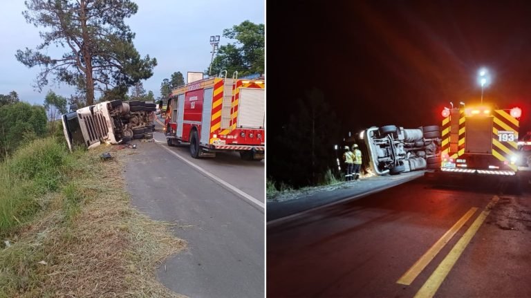 Caminhoneiro sofre queda de ribanceira e fica preso sob contêiner após tombamento na BR-470