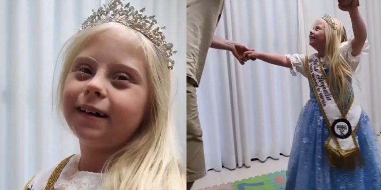 ‘Com sorriso que parou a festa’, menina de 7 anos com Síndrome de Down é eleita Miss Simpatia em SC