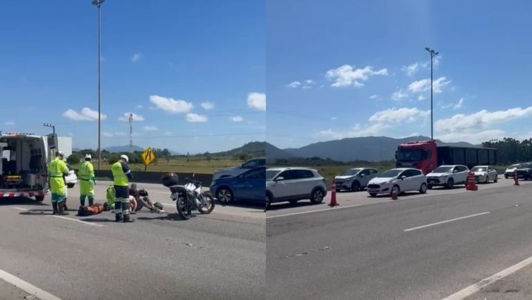Acidente com moto deixa casal ferido e provoca lentidão na BR-101 em Porto Belo