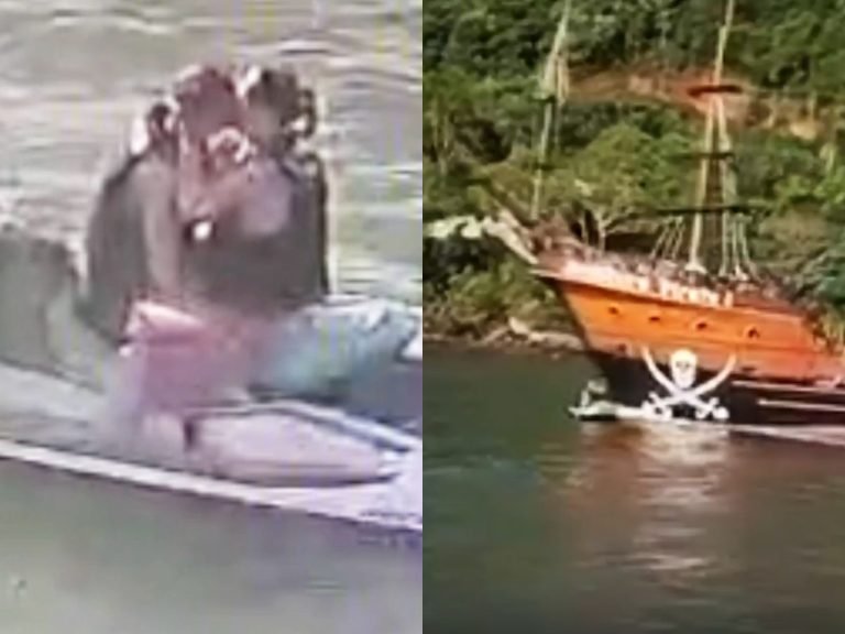 ‘Beijo de cinema’: casal em jetski atingido pelo Barco Pirata protagonizou cenas do Titanic em BC
