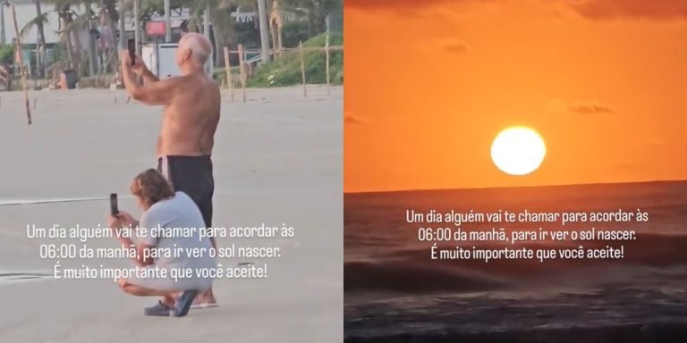 Casal de idosos viraliza ao ser flagrado contemplando o nascer do sol em praia de SC​​​​​​​​​​​​​​​​