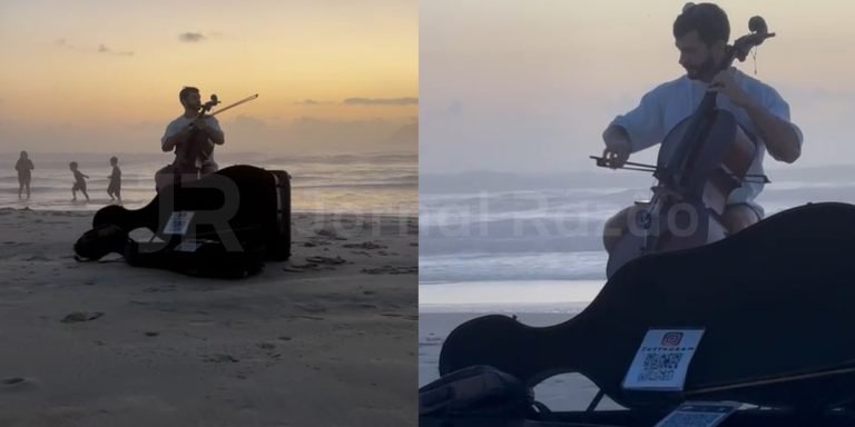 ‘Encantador’: músico monta violoncelo na areia e encanta praia ao nascer do sol em Florianópolis