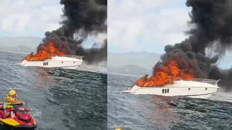 ‘Pânico na praia Mole’: barco pega fogo com duas pessoas a bordo e naufraga em Florianópolis; VÍDEO