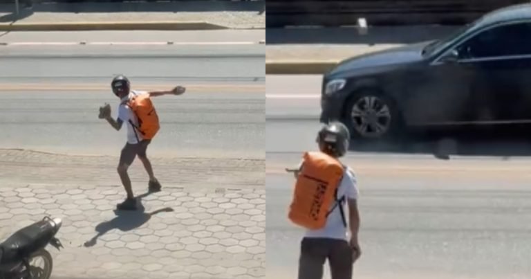 “Fechei sem querer, mas ele vinha pela direita”: motociclista se irrita e acerta pedra em Mercedes em Porto Belo