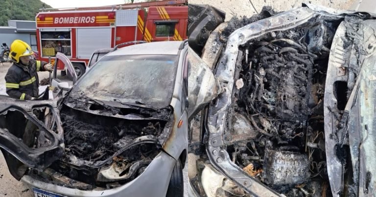 Carro de aplicativo pega fogo durante corrida e mobiliza moradores em Brusque