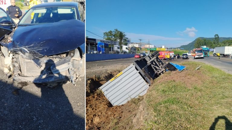 Rodotrem perde parte da carga e tomba após colisão com carro na BR-470&nbsp;