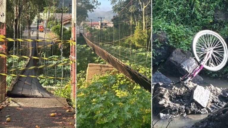 Cabo estoura, ponte desaba e quatro pessoas caem em rio no Vale do Rio Tijucas: ‘mães com crianças’