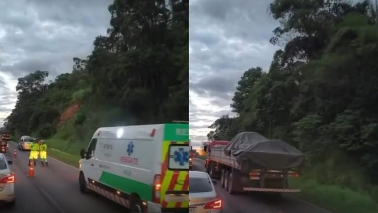 Acidente no Morro dos Cavalos bloqueia faixa da BR-101 e trava trânsito
