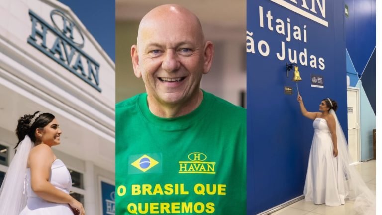 ‘Nem igreja, nem jardim’: noiva escolhe Havan de Itajaí como cenário para fotos do casamento