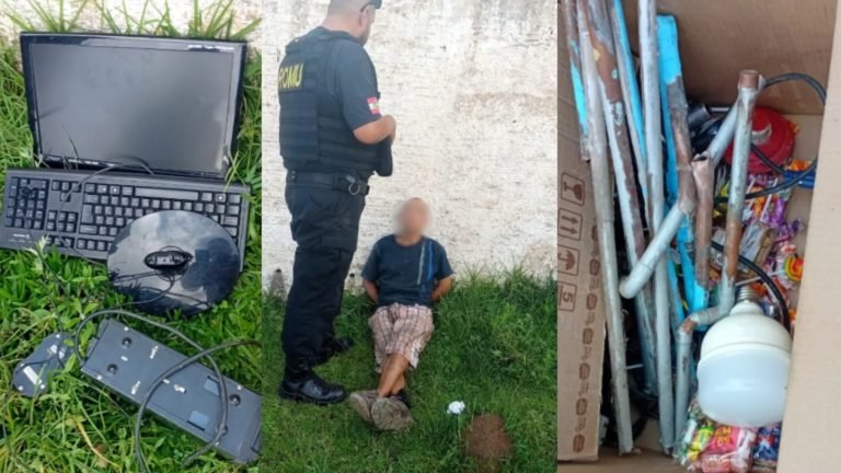 ‘Flagrado ao vivo’: câmeras pegam ladrão arrancando até canos de cobre de escola em Lages
