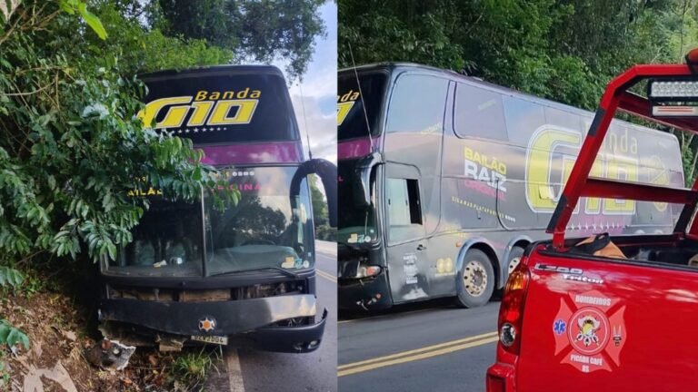 ‘Novo susto para o catarinense Paulinho Dill’: ônibus da Banda G10 bate em barranco no RS