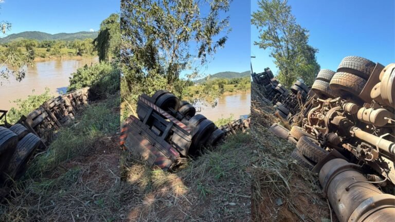 Motorista é resgatado após bitrem tombar em ribanceira no Vale do Itajaí