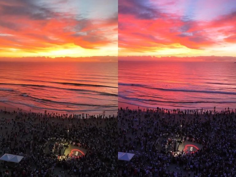 Imagens mostram amanhecer espetacular diante de multidão em adoração em praia de SC