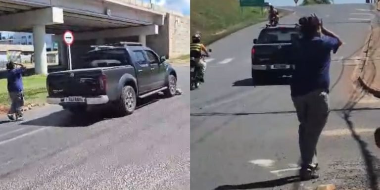 “Fez uma cagada e pouco”: idoso se revolta após acidente e arrasta moto com caminhonete em SC