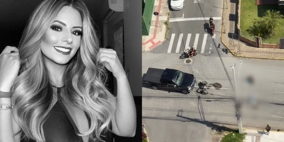 Joice Oliveira sorrindo em foto em preto e branco ao lado de imagem aérea do local do acidente em Itajaí